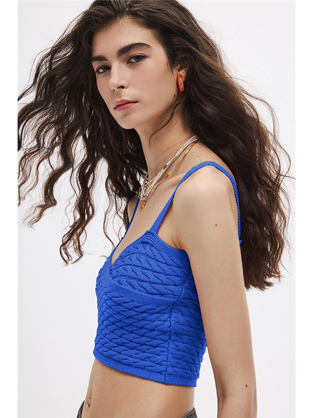 Mavi Saç Örgülü Triko Crop Top