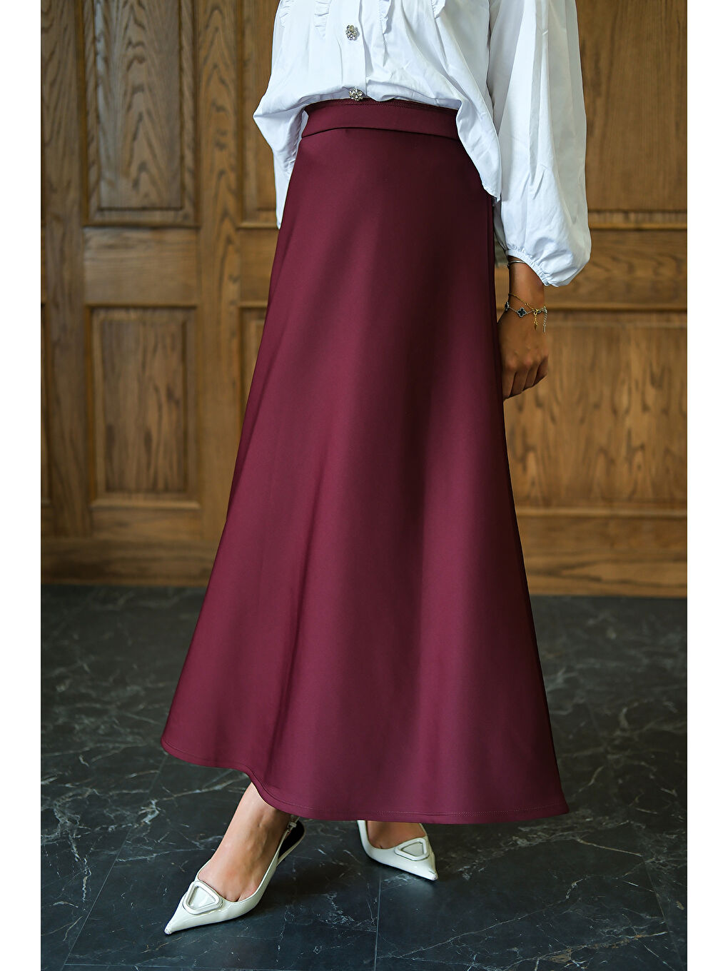 Kadın Beli Lastikli Scuba Etek Bordo-4