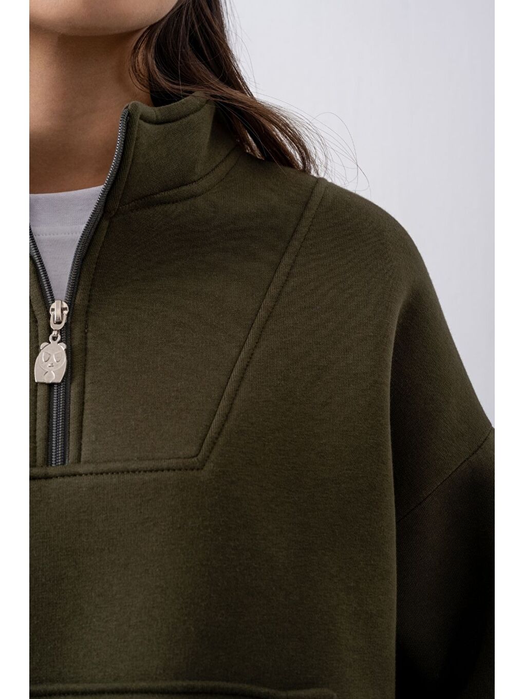 Kadın Haki Fermuarlı Oversize Sweatshirt-3