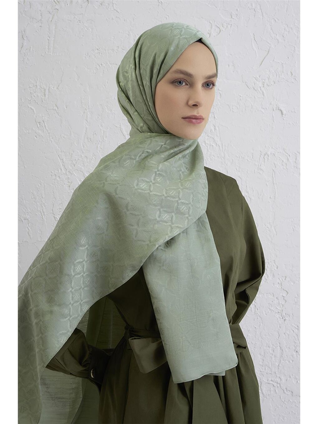 Yeşil Pamuk Floş Monogram Zincir Şal 1 51-1