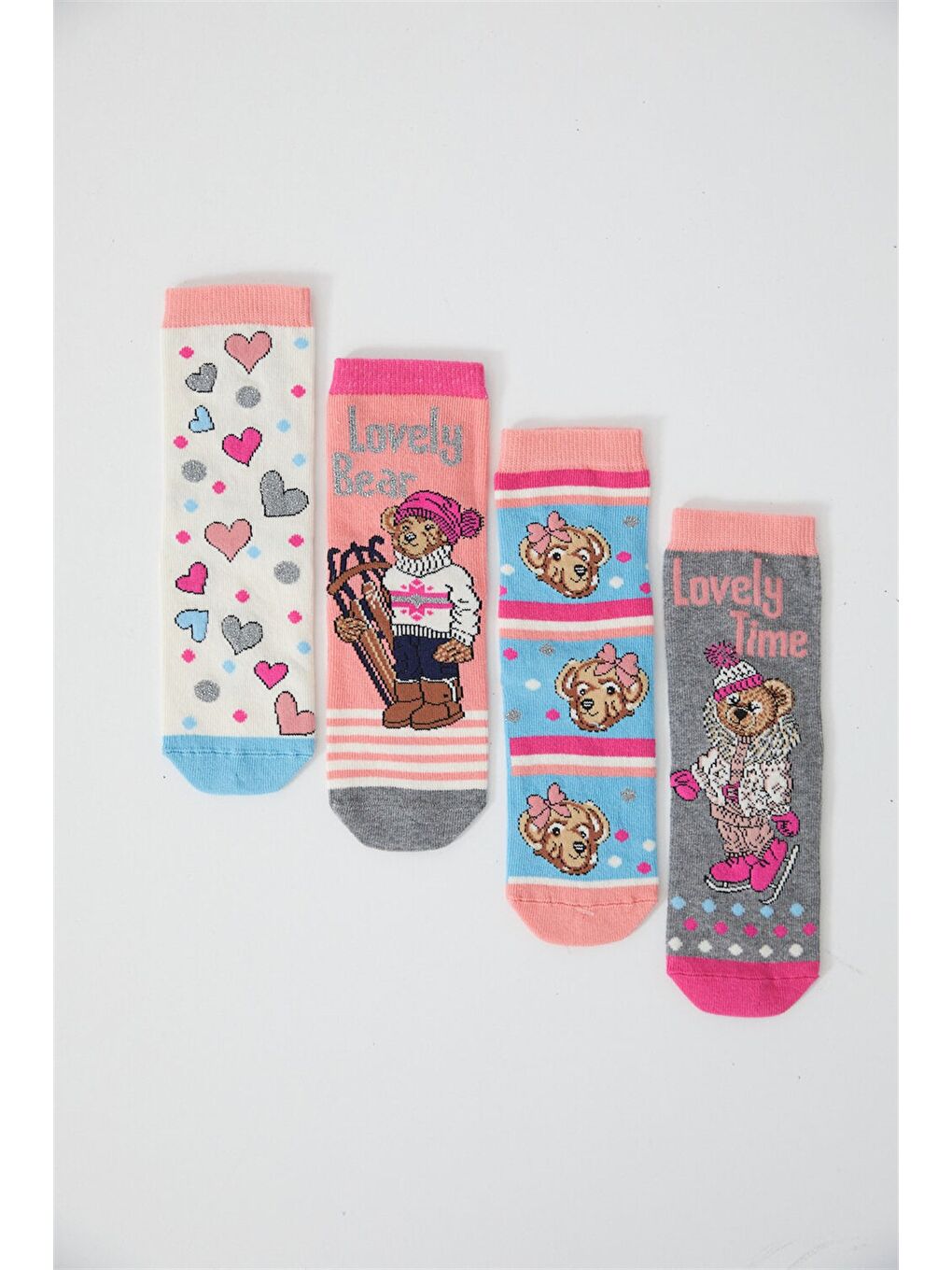 Karışık 4 Lü Paket Lovely Bear Kız Çocuk Soket Çorap Desenli
