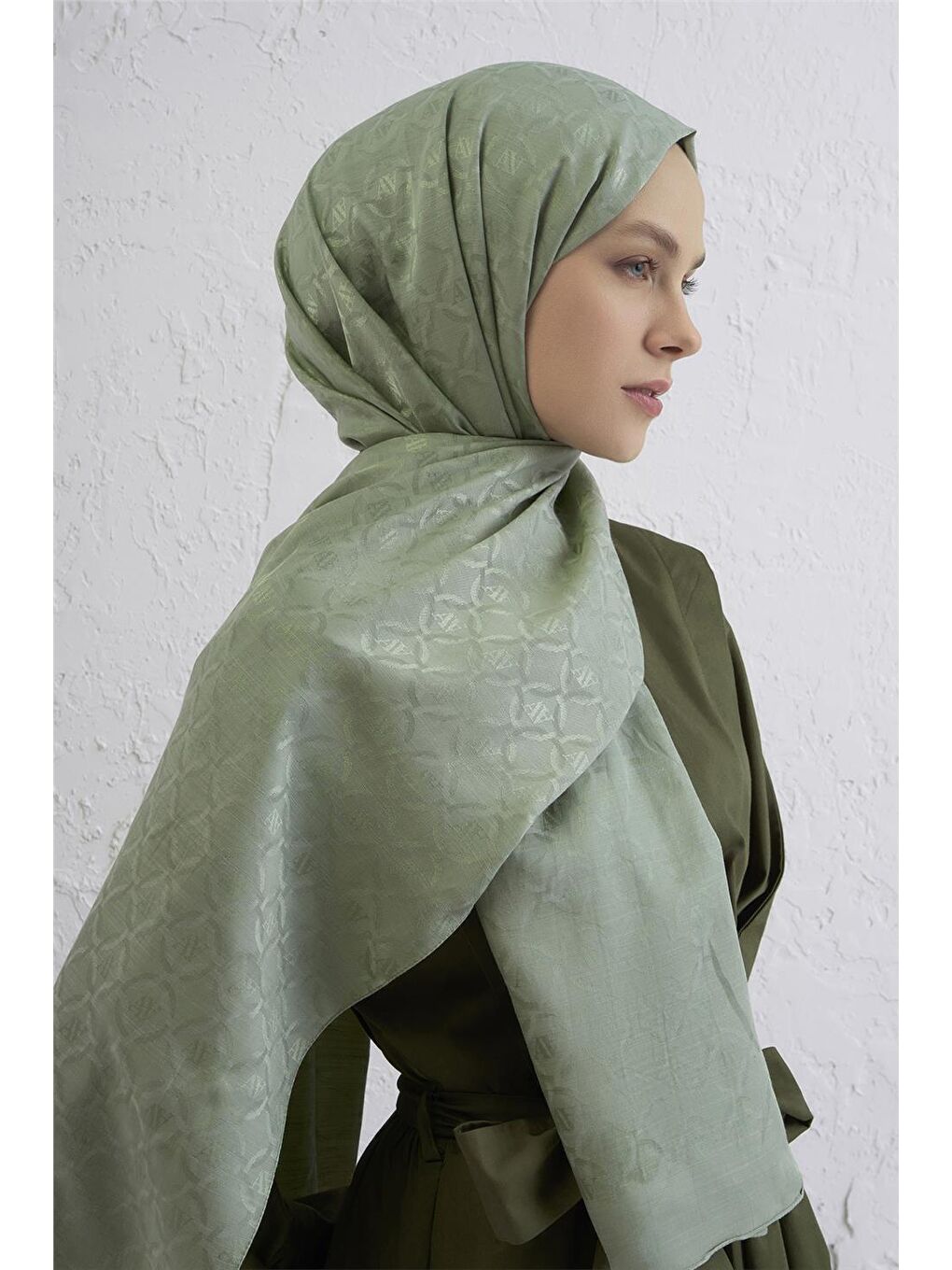 Yeşil Pamuk Floş Monogram Zincir Şal 1 51-2