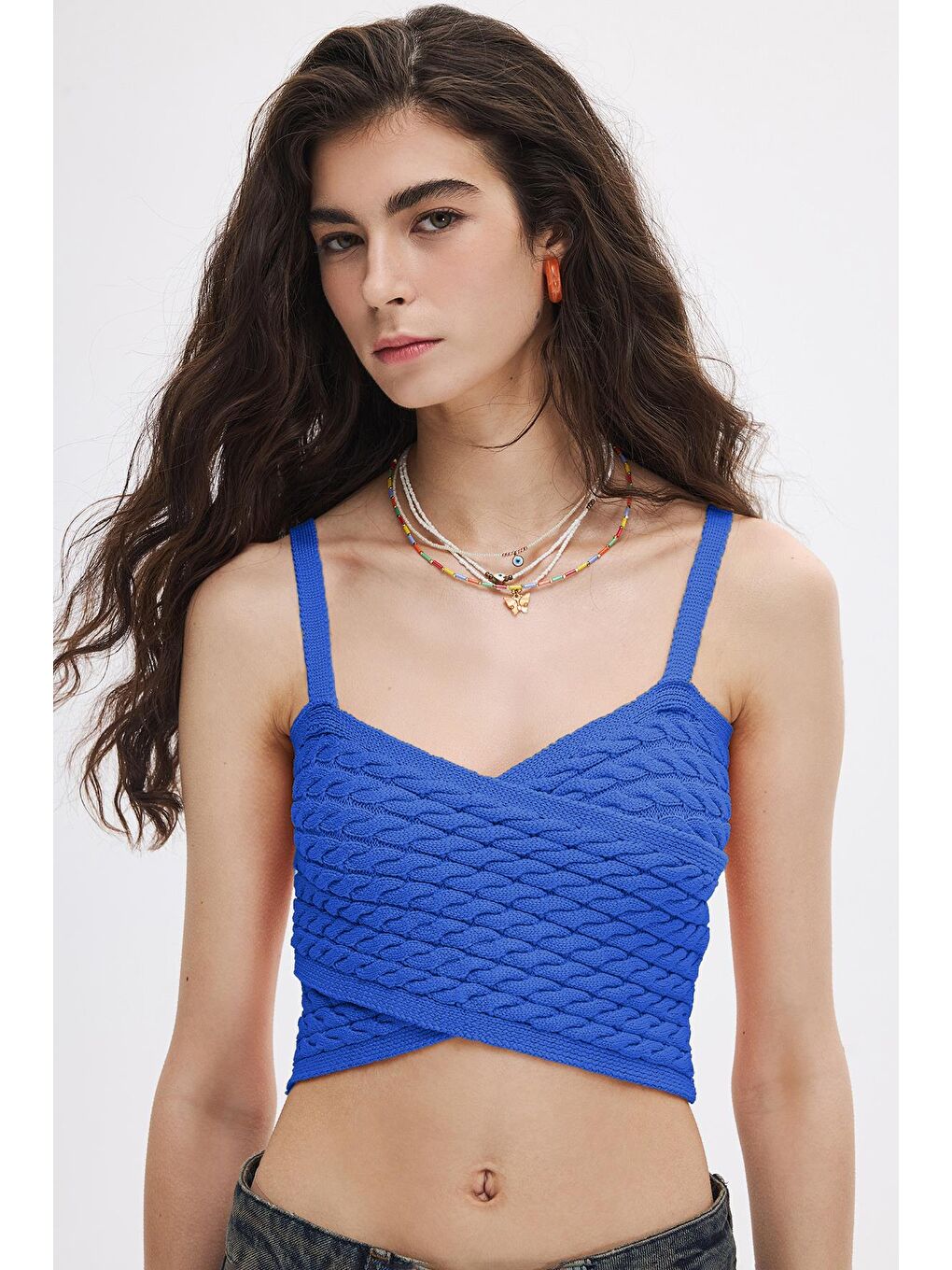 Mavi Saç Örgülü Triko Crop Top-1