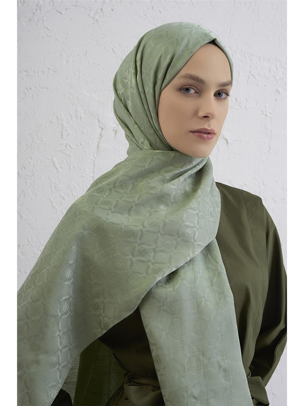 Yeşil Pamuk Floş Monogram Zincir Şal 1 51-3