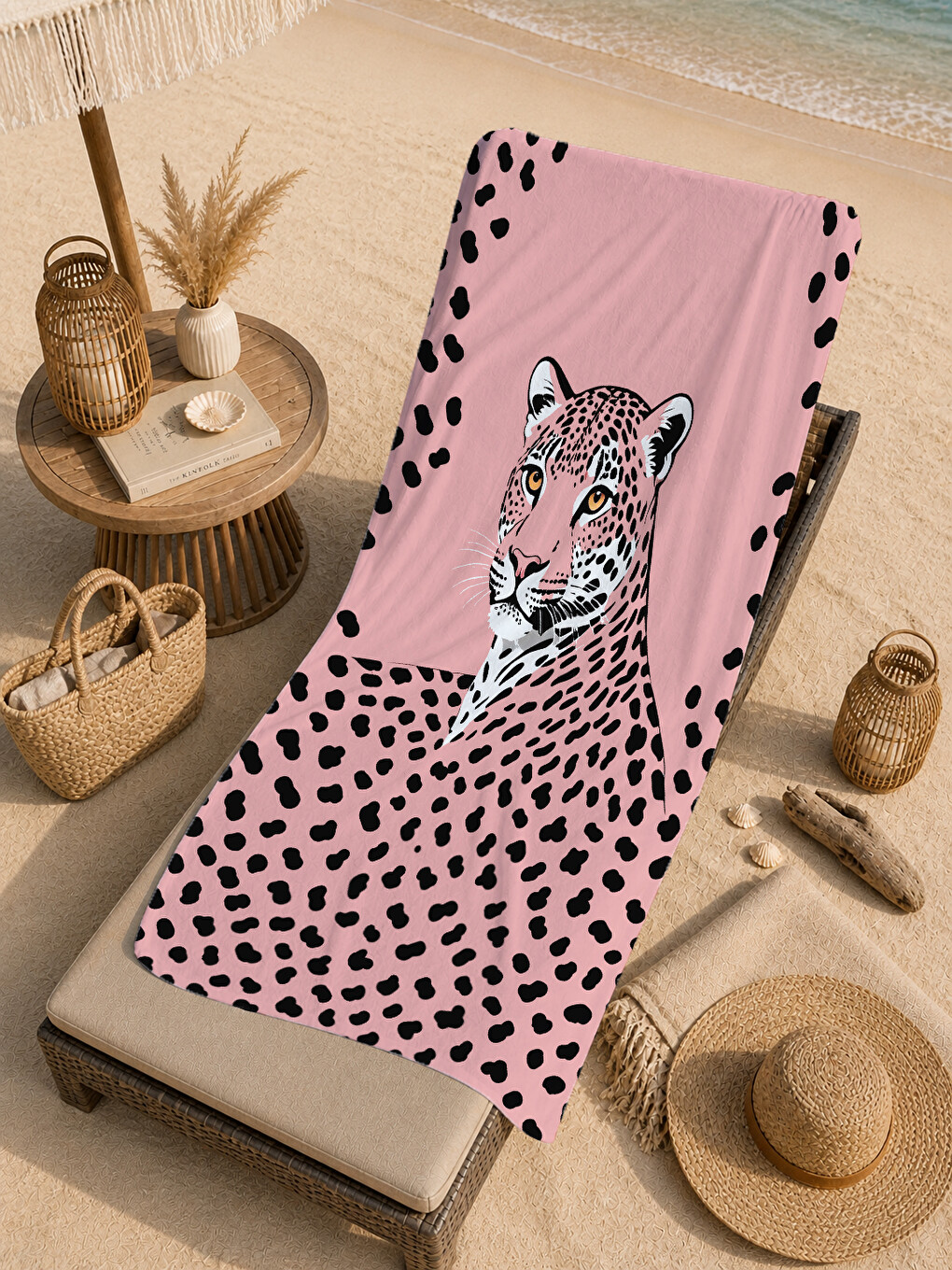 Pembe Leopar Portre Ve Benek Desenli 70x150 Cm Dijital Baskılı Plaj Ve Banyo Havlusu-4