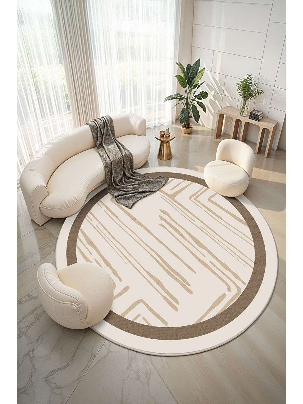 Bej Dekoratif Salon Halısı, Makinada Yıkanabilir, Kaymaz Taban, İnce & Modern Tasarım-4