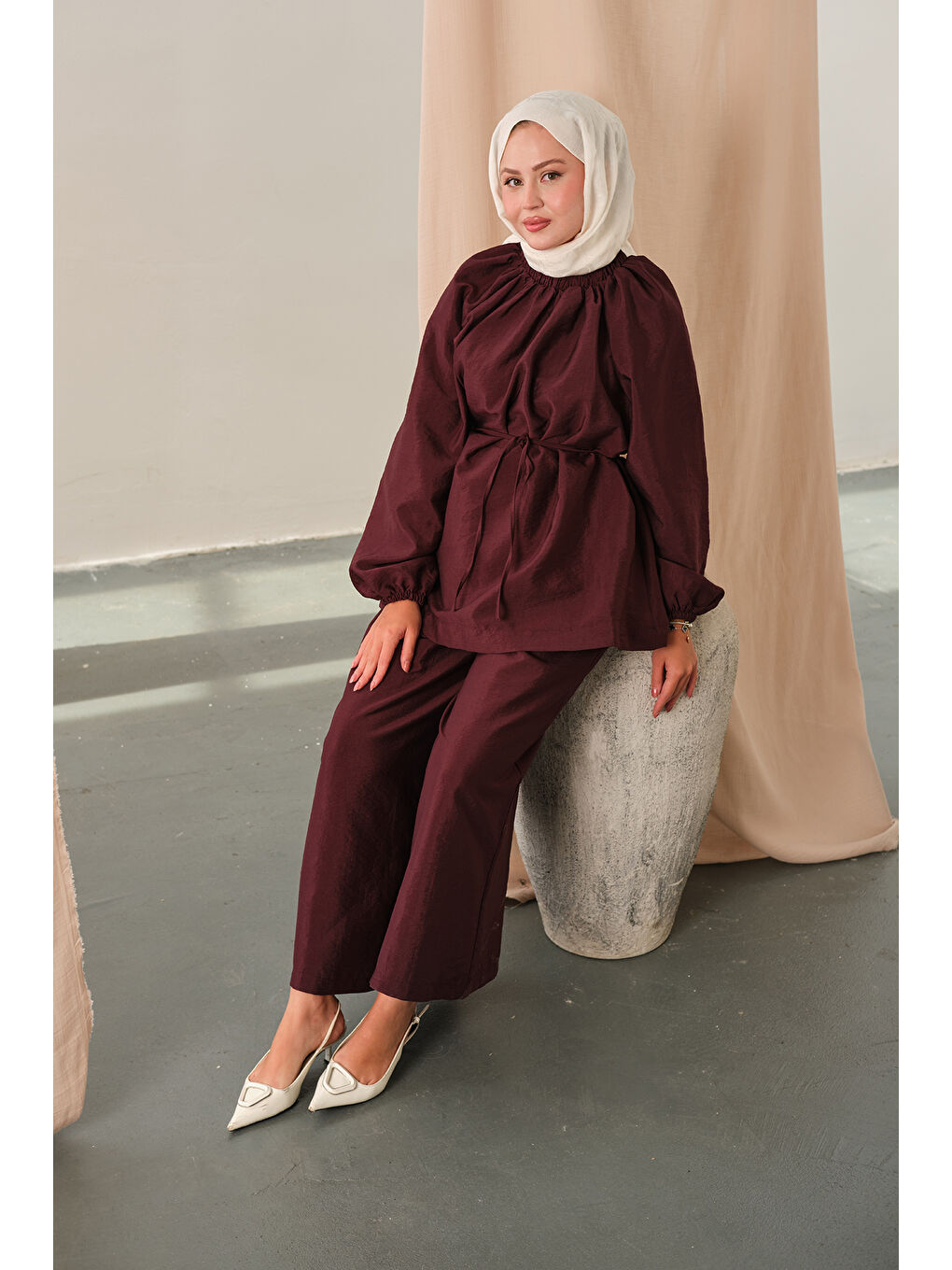 Kadın Yakası Lastik Detaylı Takım Bordo-1