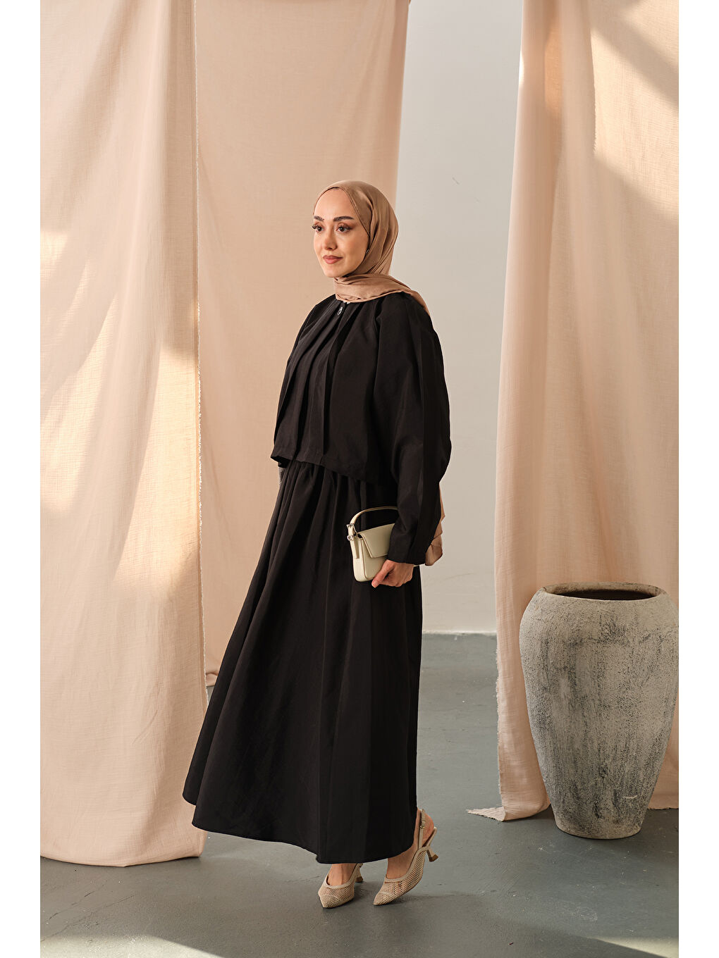 Kadın Düğme Detaylı Cupra Elbise Siyah-4