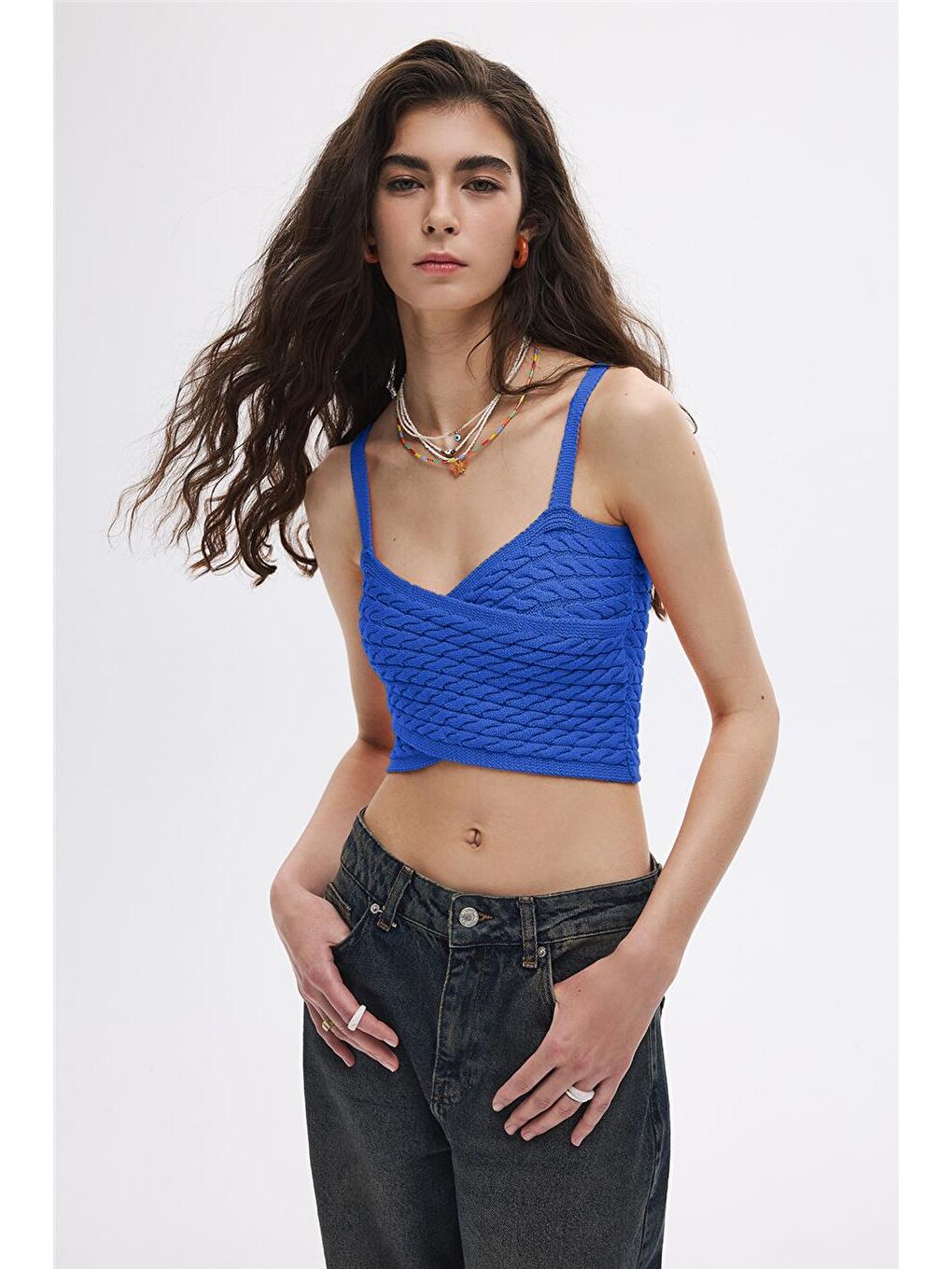 Mavi Saç Örgülü Triko Crop Top-2