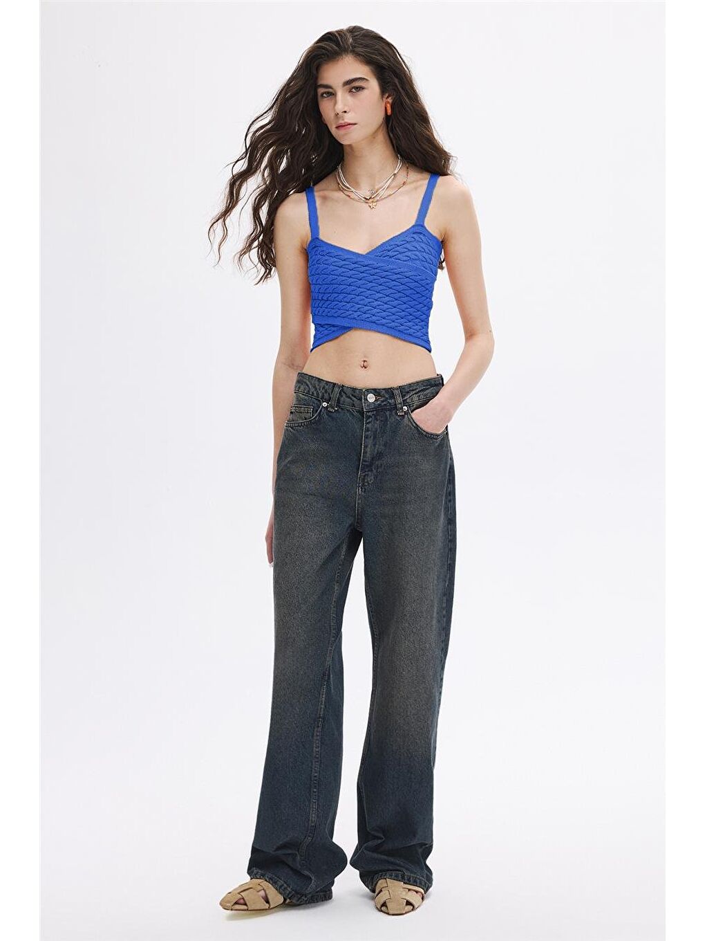 Mavi Saç Örgülü Triko Crop Top-3