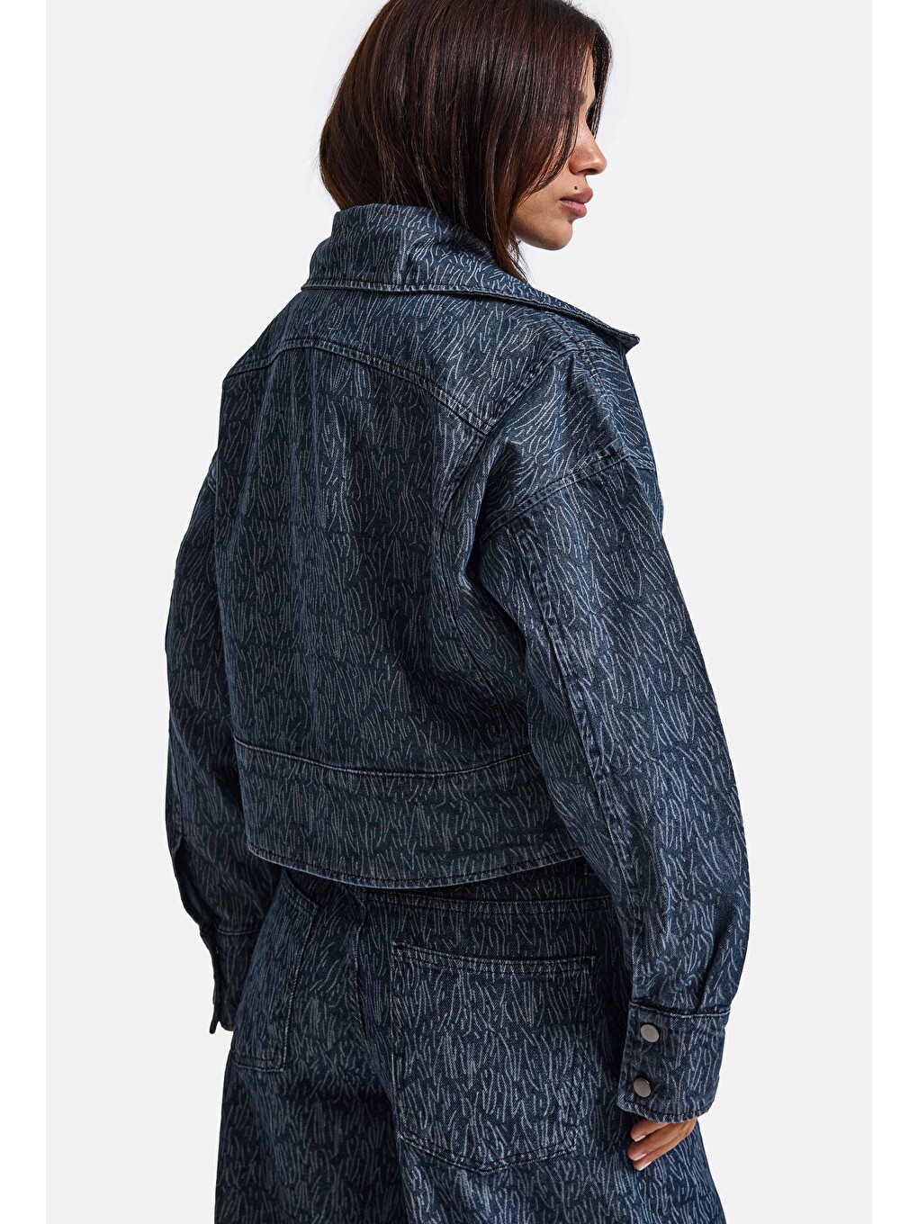 Kadın Mavi 9w6-197 Crop Kruvaze Özel Kumaş Tasarım Denim Ceket-3