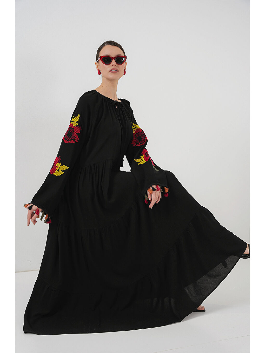 Nakışlı Uzun Elbise 2534 - Siyah