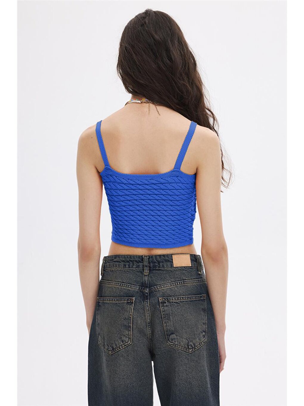 Mavi Saç Örgülü Triko Crop Top-4