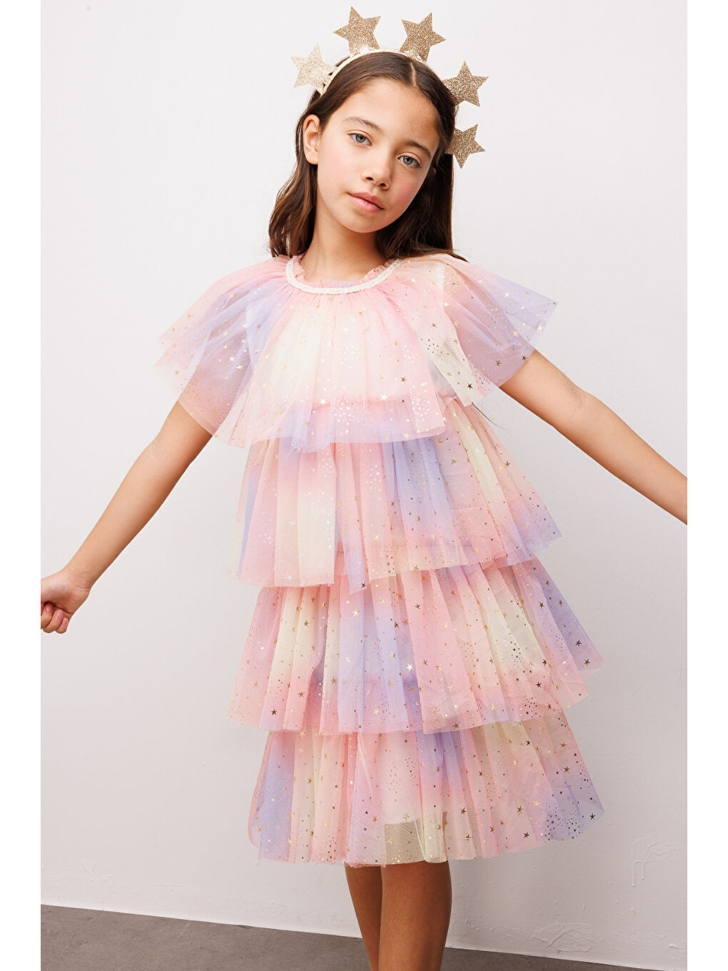 Turuncu Yıldız Baskılı Katlı Tül Kız Çocuk Elbise - Estela
