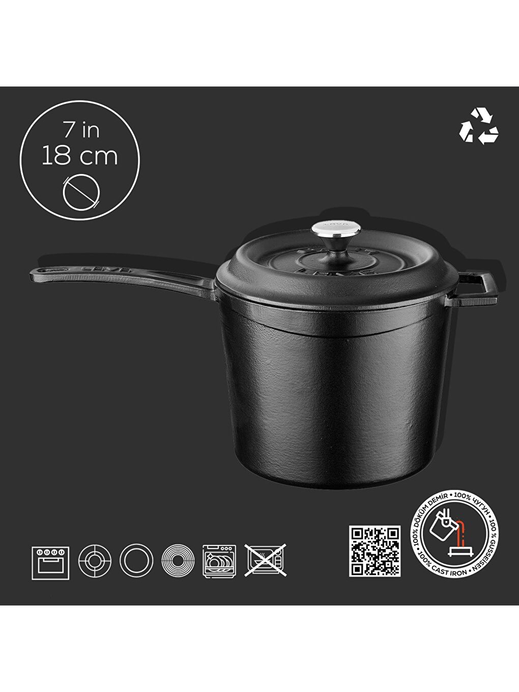 Siyah Yuvarlak Sos Tenceresi. Döküm Demir Yekpare Saplı Trendy Serisi Çap(Ø18 cm.-2