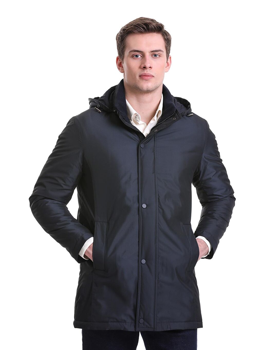 Lacivert Slim Fit Desenli Hakim Yaka Kapüşonlu Kaban