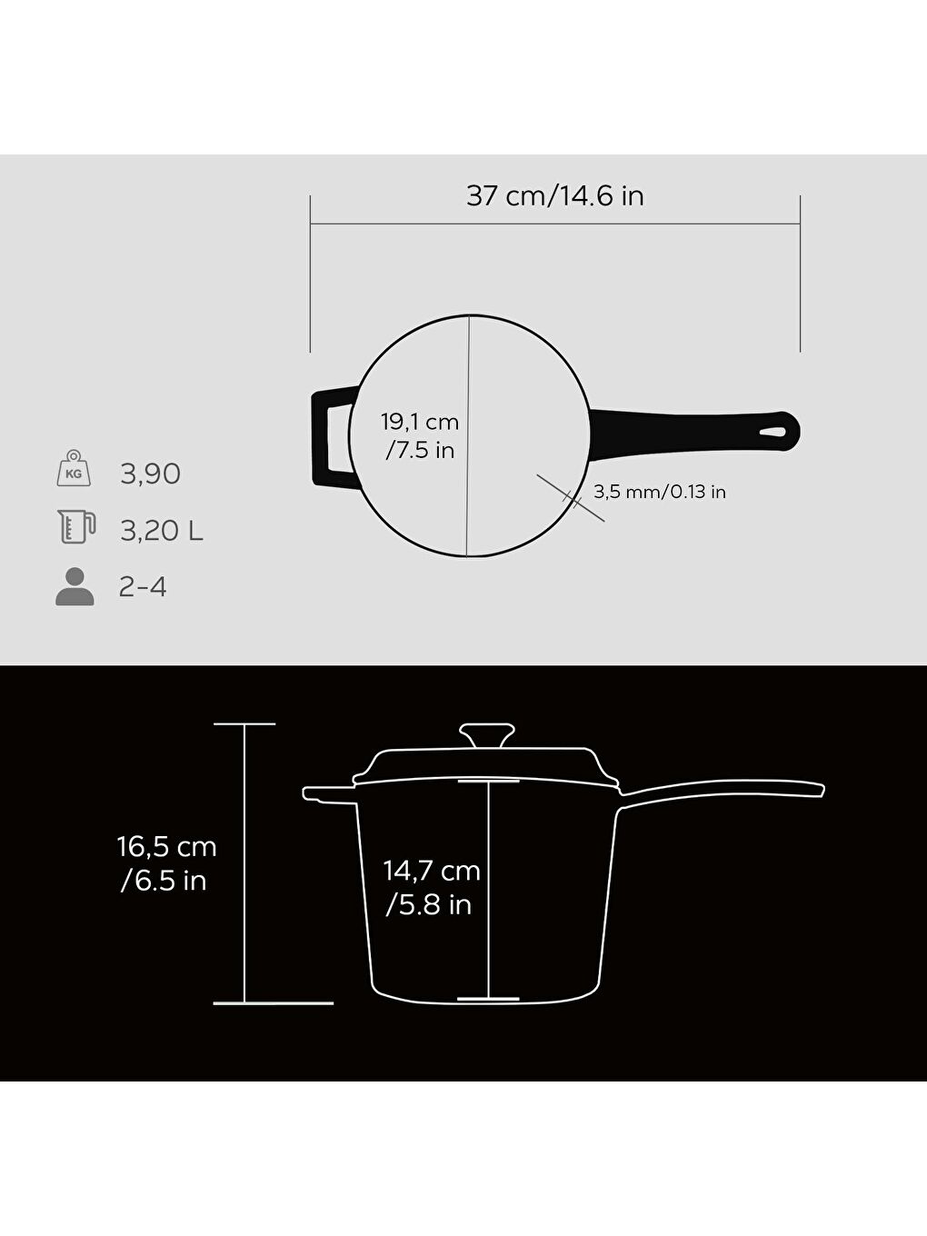 Siyah Yuvarlak Sos Tenceresi. Döküm Demir Yekpare Saplı Trendy Serisi Çap(Ø18 cm.-3