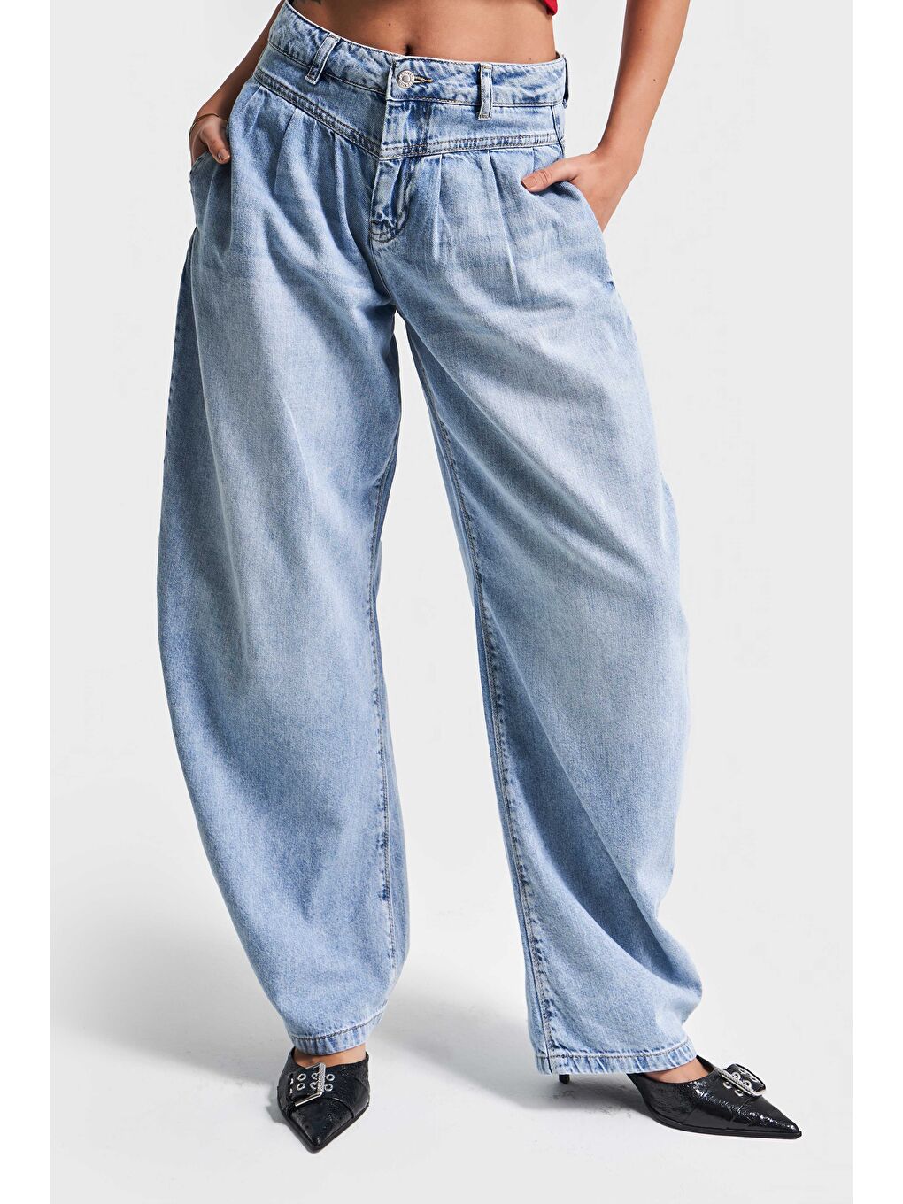 Kadın Mavi Renk 2S5-4 Baggy Fit Pileli %100 Pamuk Denim Jean