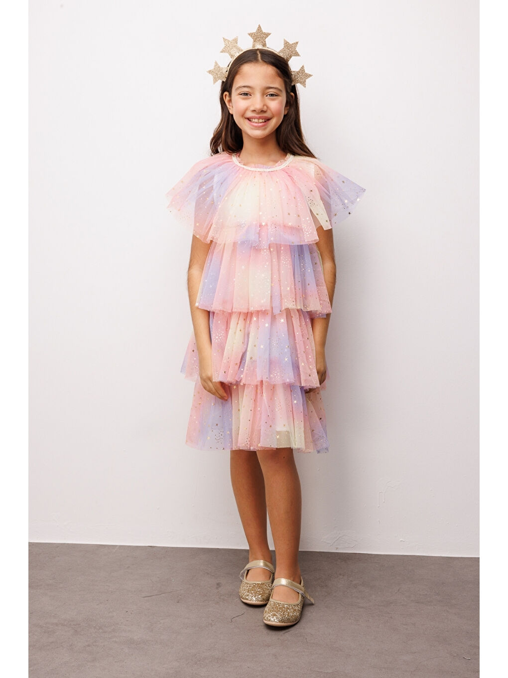 Turuncu Yıldız Baskılı Katlı Tül Kız Çocuk Elbise - Estela-1