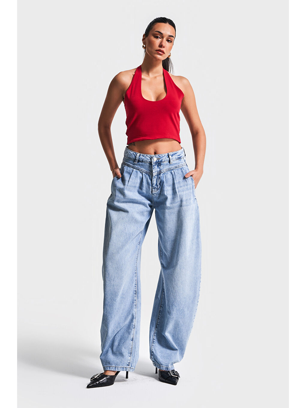 Kadın Mavi Renk 2S5-4 Baggy Fit Pileli %100 Pamuk Denim Jean-1