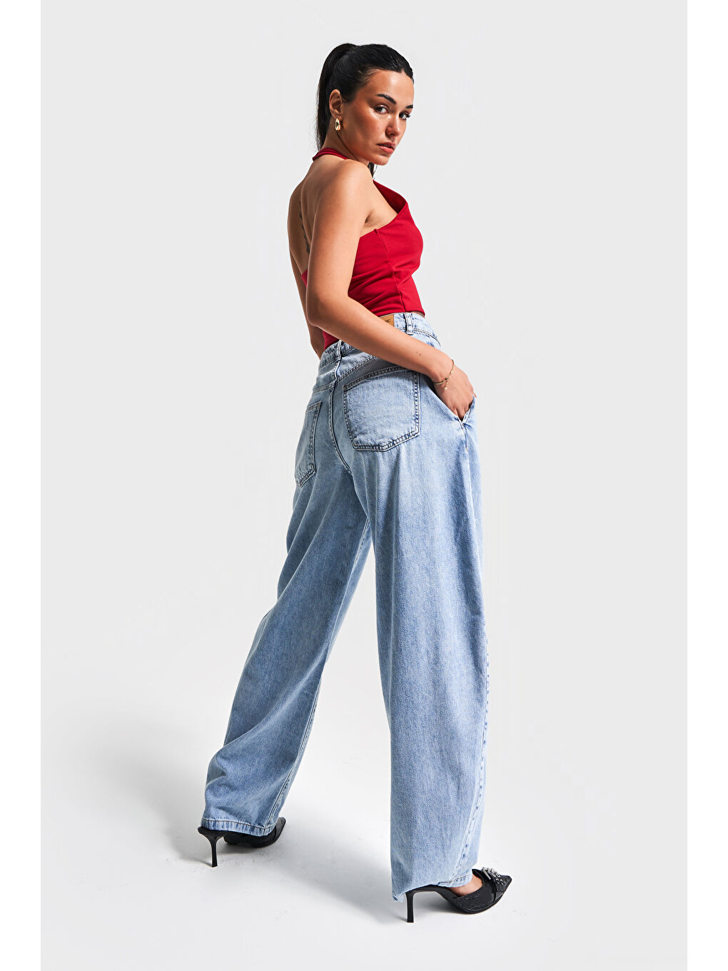 Kadın Mavi Renk 2S5-4 Baggy Fit Pileli %100 Pamuk Denim Jean-2