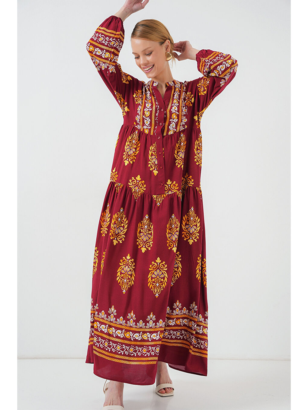 2423 Otantik Desenli Tesettür Elbise - E. Bordo-1