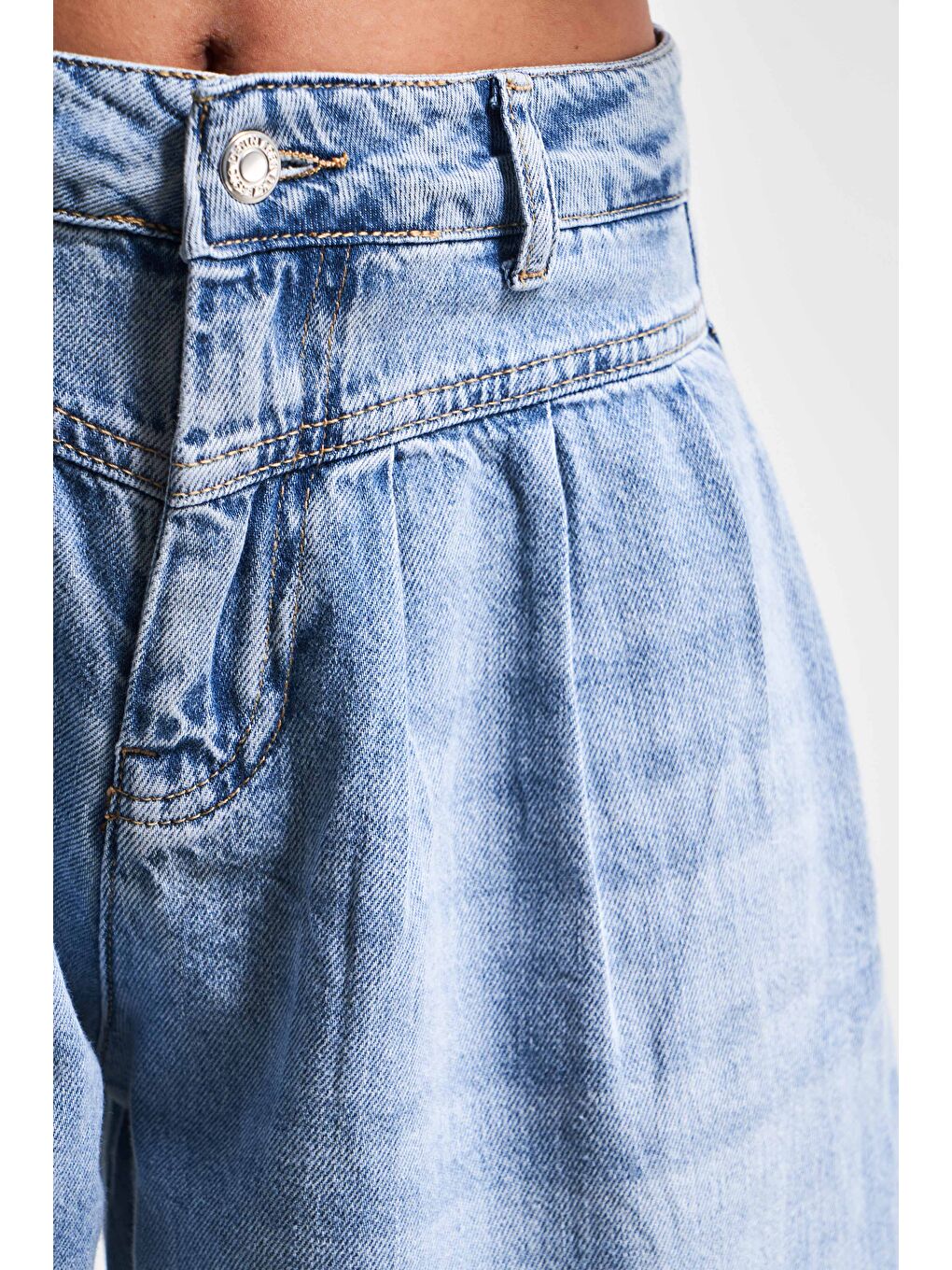 Kadın Mavi Renk 2S5-4 Baggy Fit Pileli %100 Pamuk Denim Jean-3