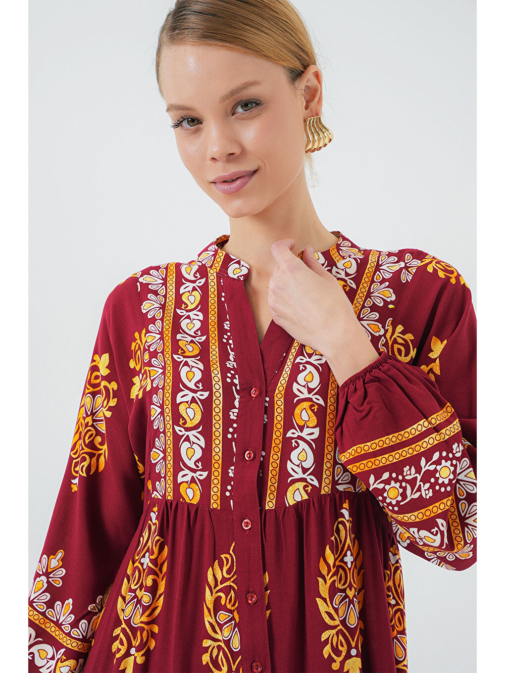 2423 Otantik Desenli Tesettür Elbise - E. Bordo-2