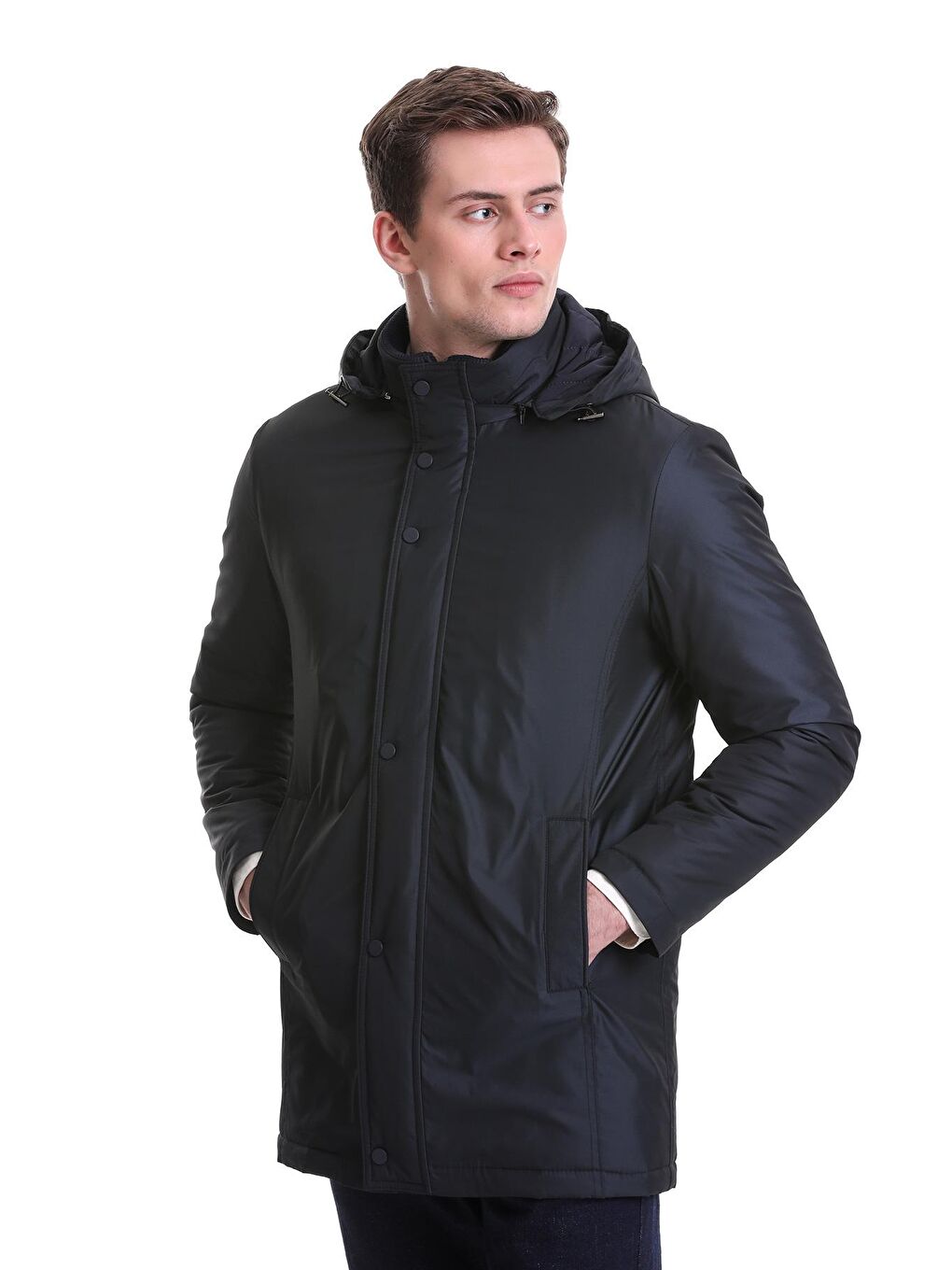 Lacivert Slim Fit Desenli Hakim Yaka Kapüşonlu Kaban-1