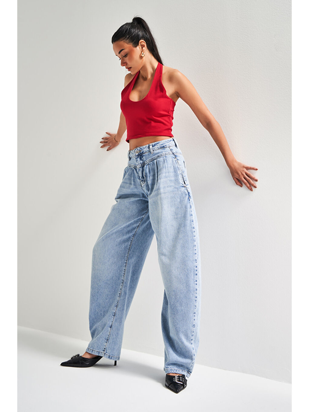 Kadın Mavi Renk 2S5-4 Baggy Fit Pileli %100 Pamuk Denim Jean-4