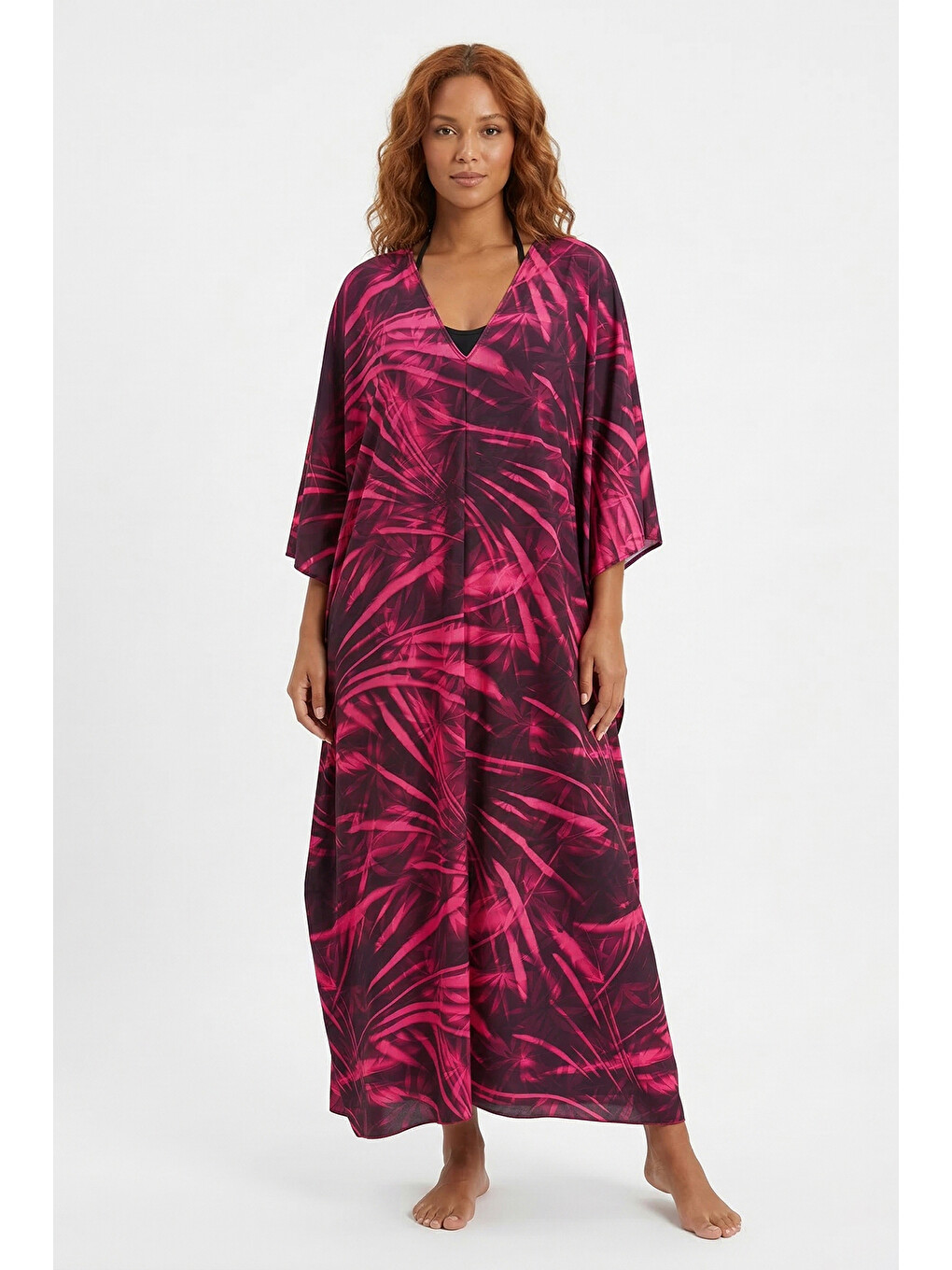 Remsa Tesettür Mayo Üzerine Tasarım Tek Kaftan Pareo RDP26 Fuşya-3