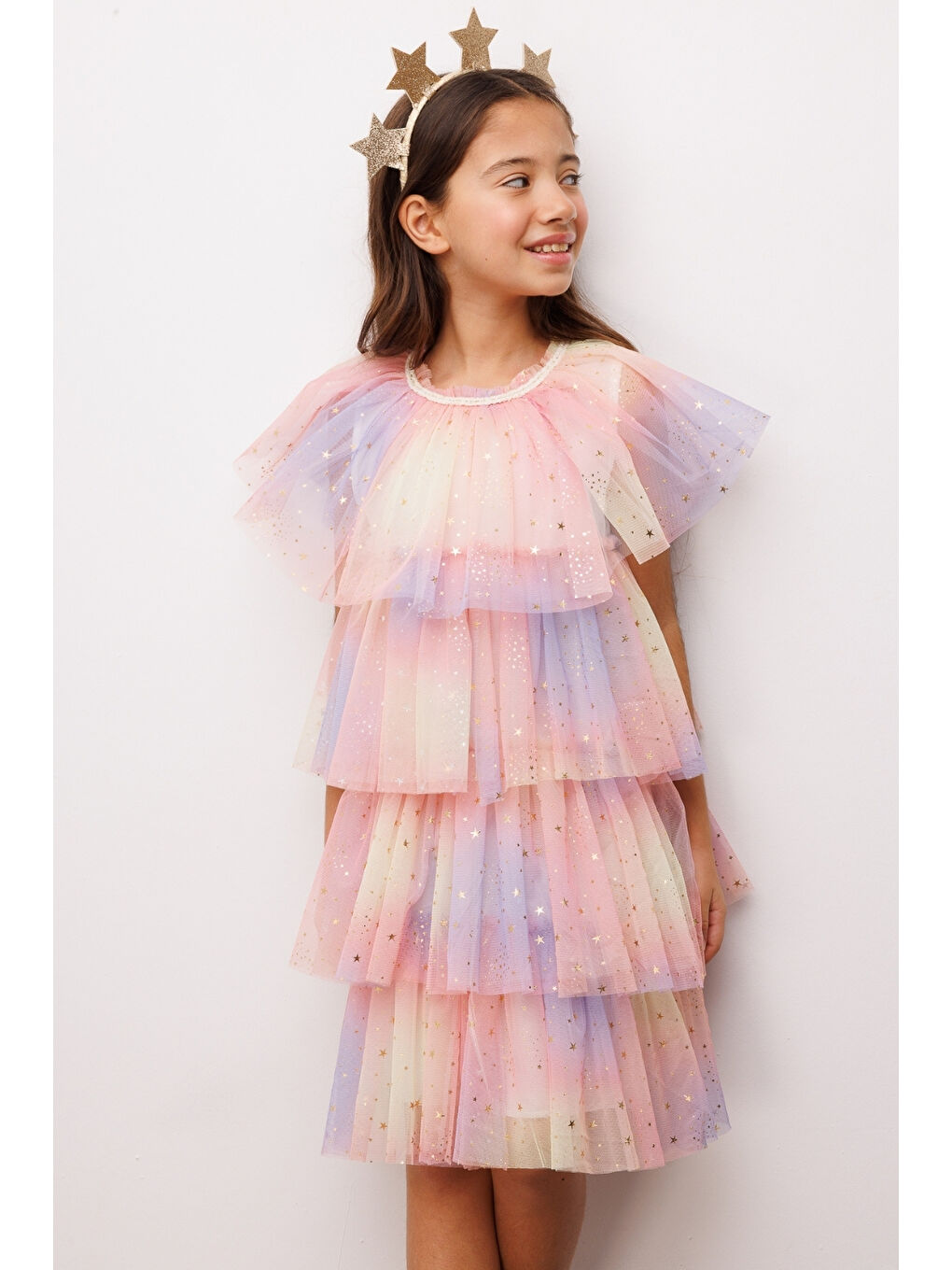 Turuncu Yıldız Baskılı Katlı Tül Kız Çocuk Elbise - Estela-2