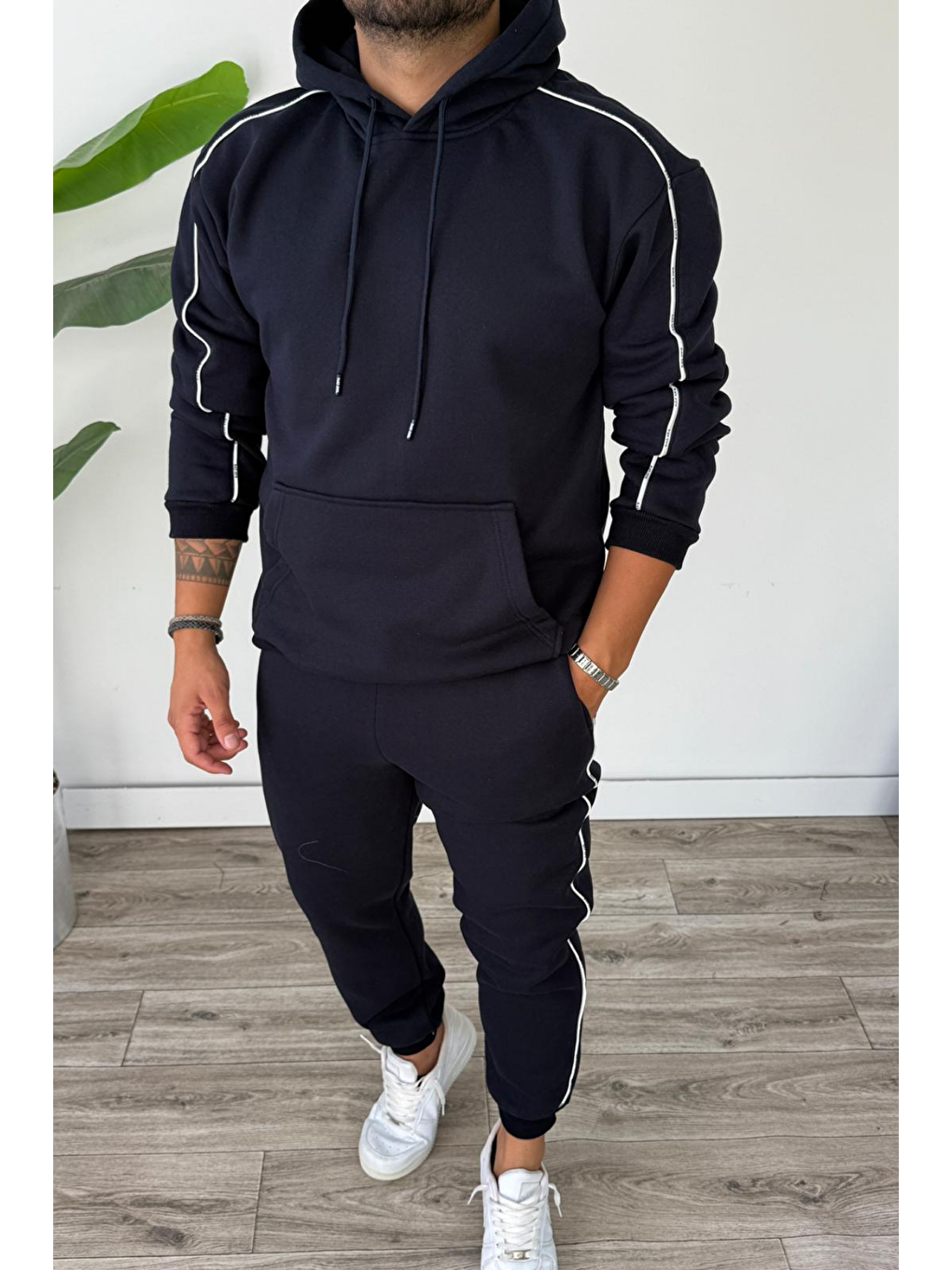 Erkek Kapüşonlu Kanguru Cepli Biyeli %100 Pamuk Alt Üst Takım Lacivert-1
