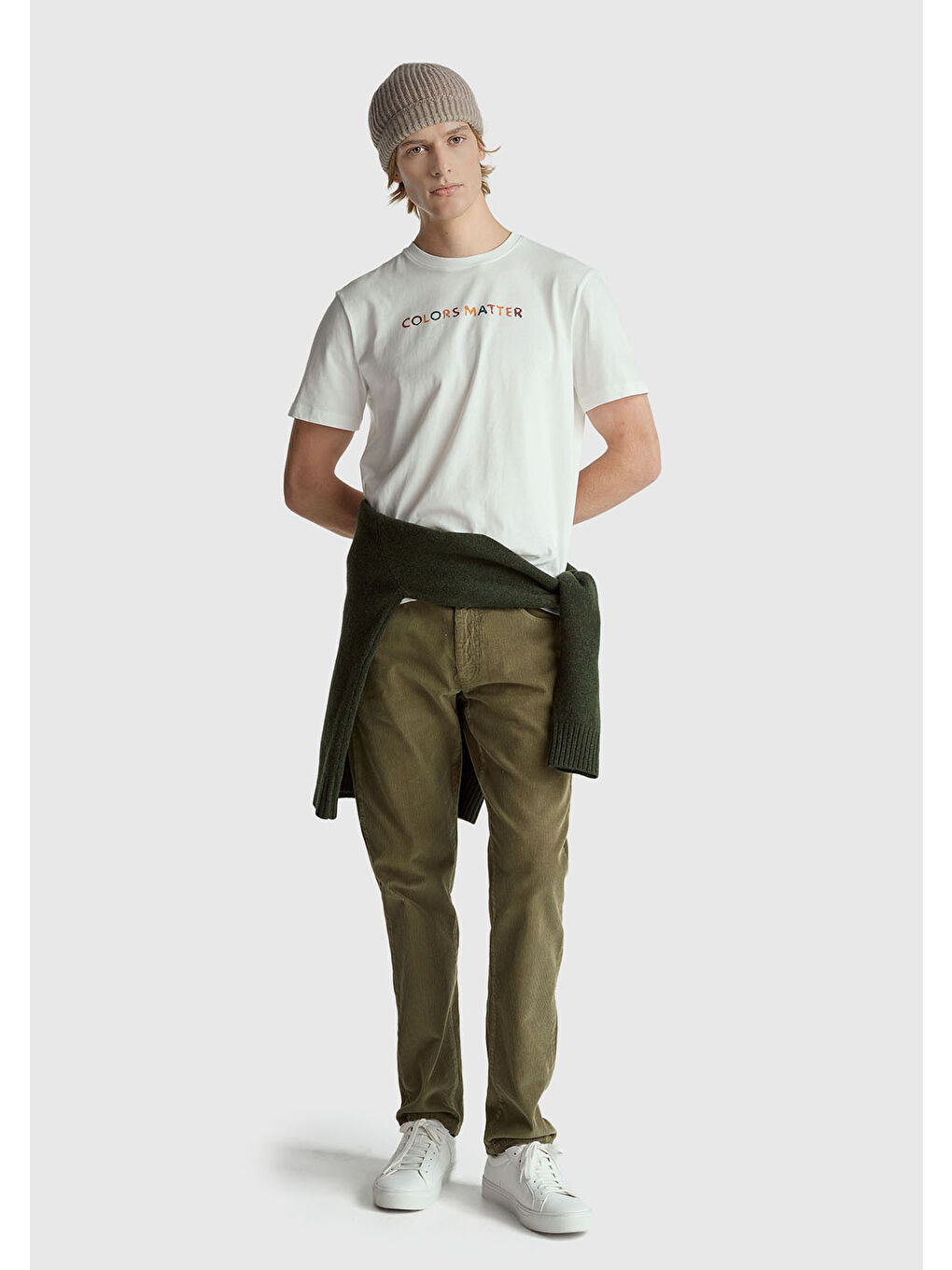 Ekru Erkek Krem %100 Pamuk Önü ve Arkası Baskılı Logo Detaylı T-Shirt-4