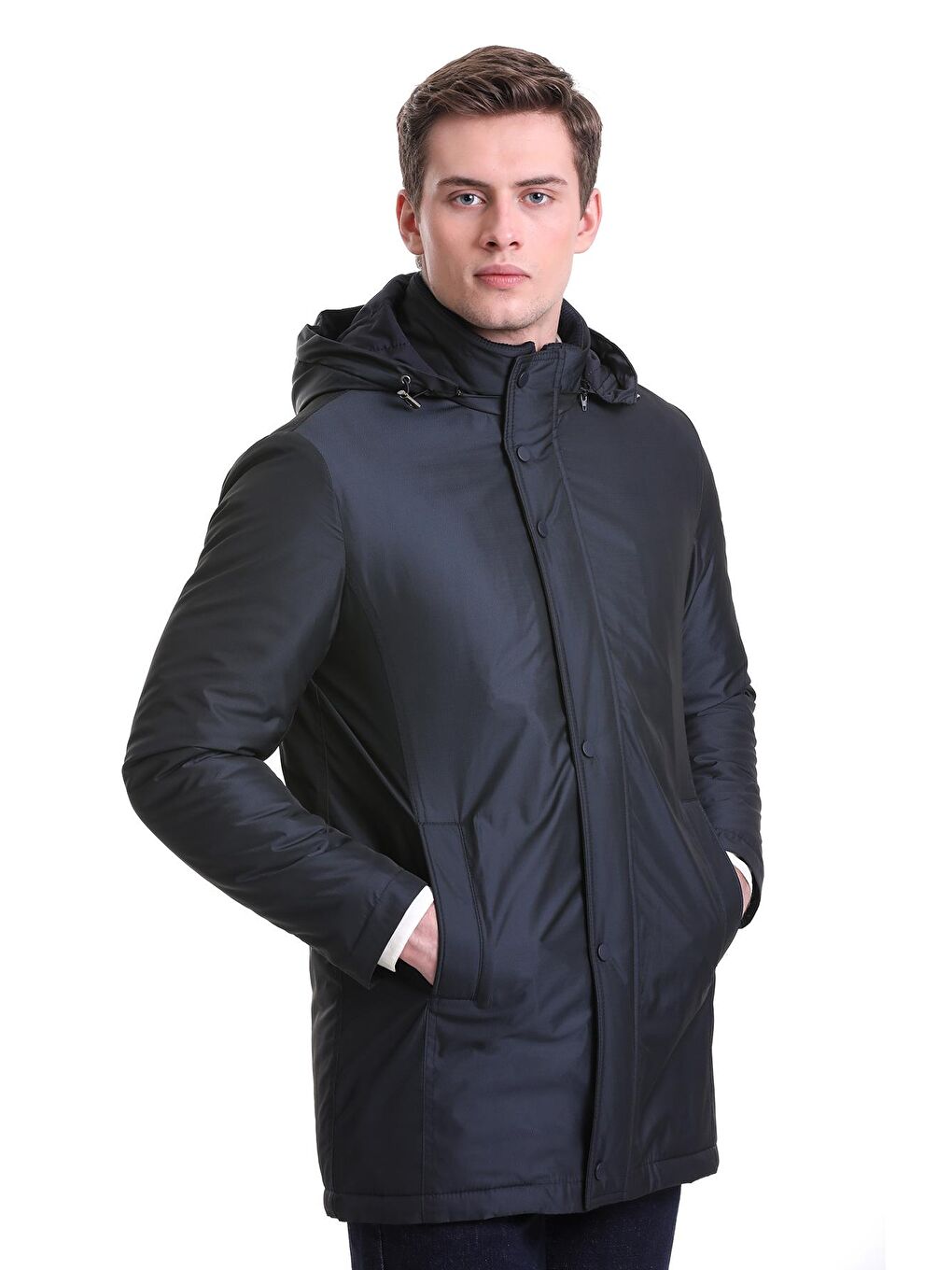 Lacivert Slim Fit Desenli Hakim Yaka Kapüşonlu Kaban-2