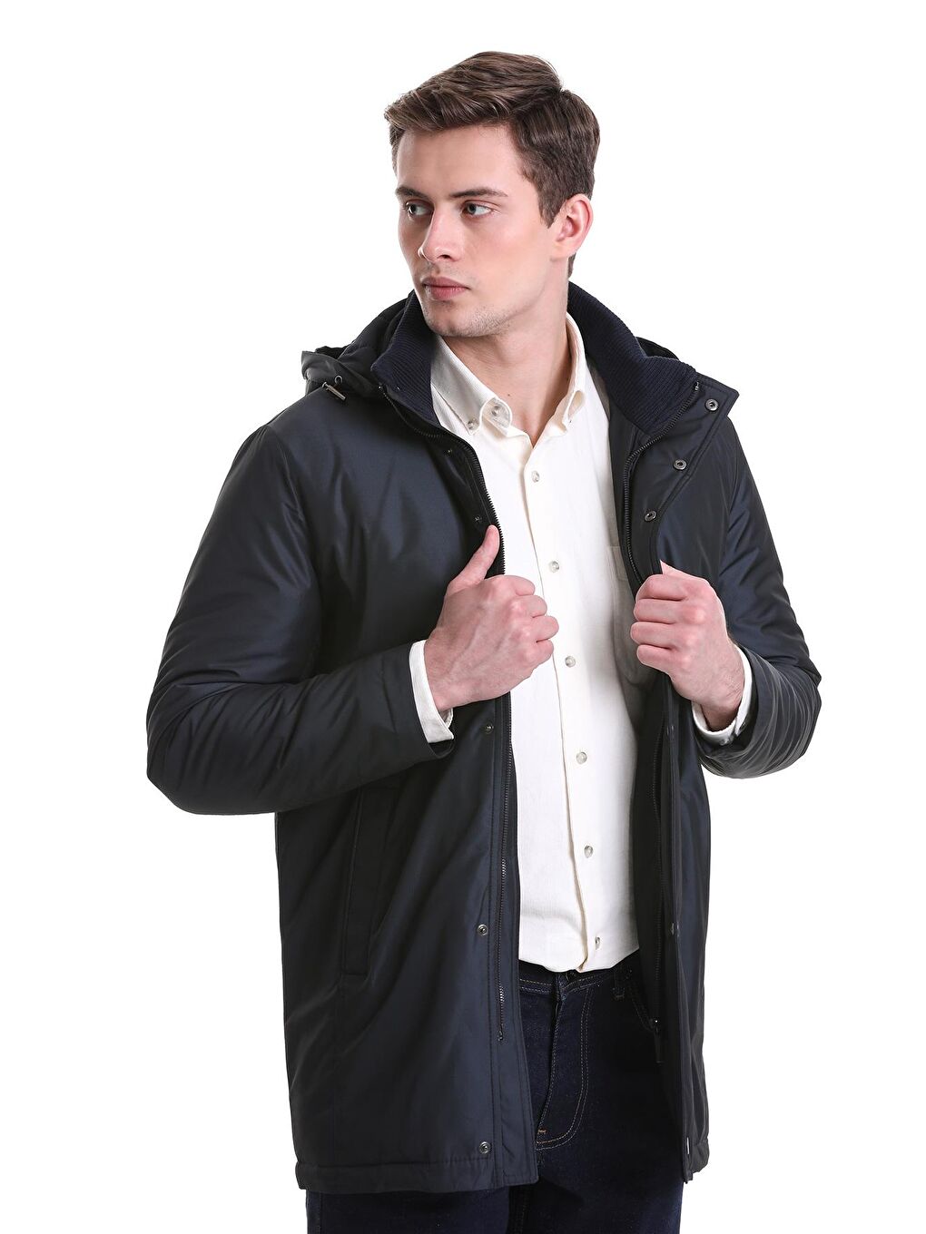 Lacivert Slim Fit Desenli Hakim Yaka Kapüşonlu Kaban-3