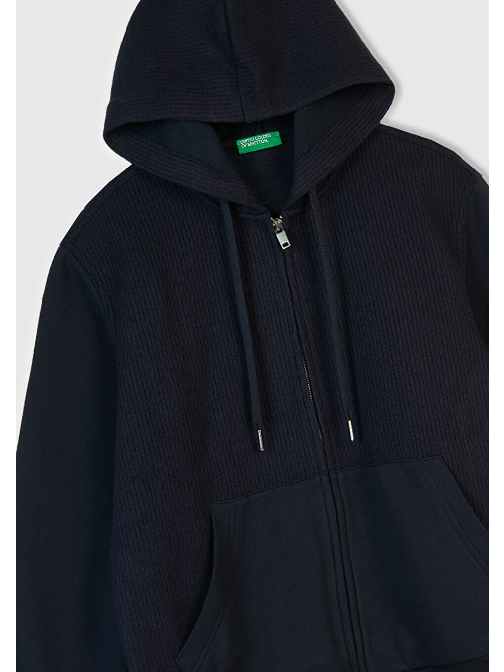 Erkek Lacivert Pamuk ve Yün Karışımlı Cepli Fermuarlı Kapüşonlu Sweatshirt-1