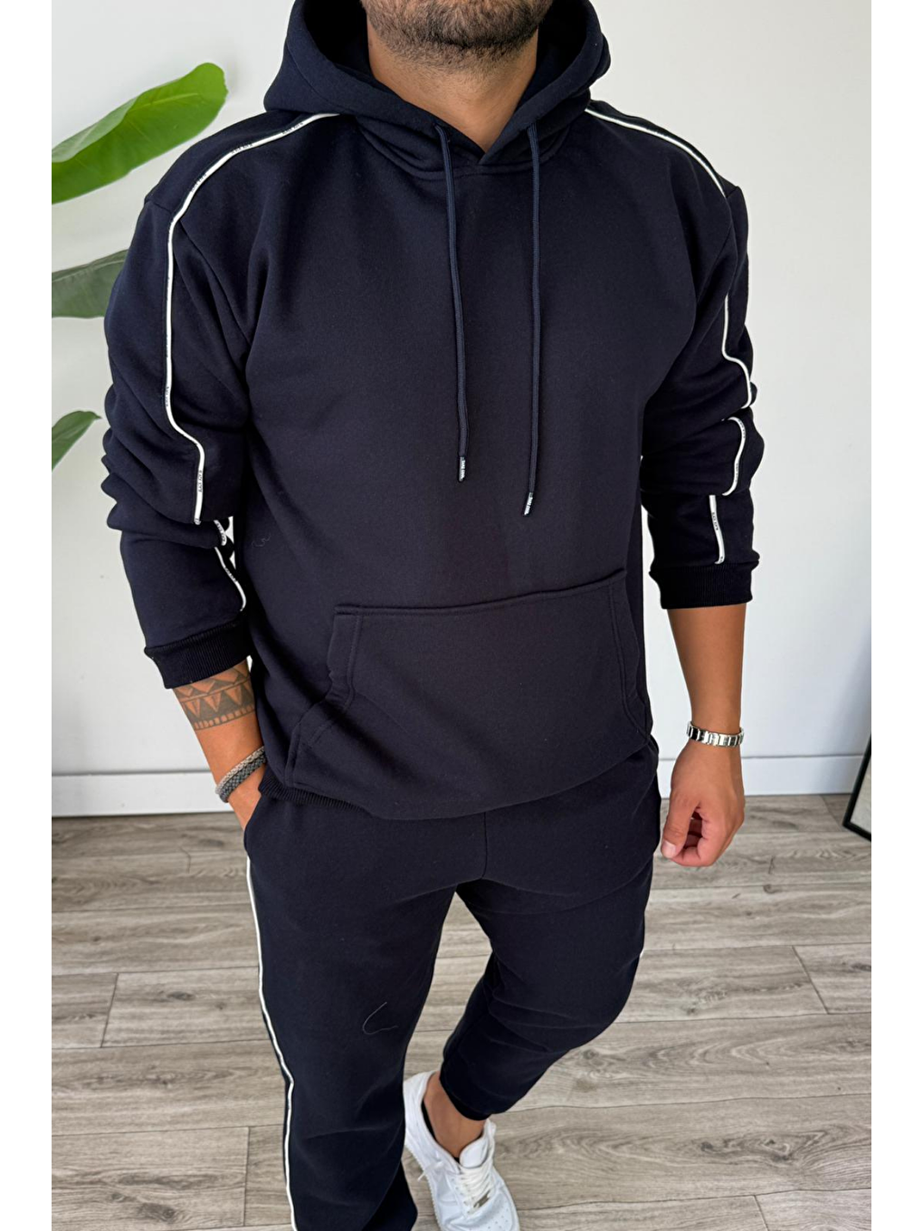 Erkek Kapüşonlu Kanguru Cepli Biyeli %100 Pamuk Alt Üst Takım Lacivert-3