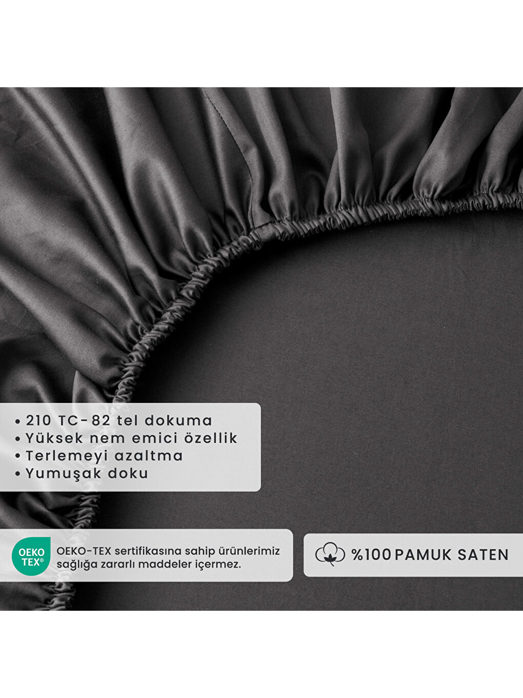 %100 Pamuk Saten Supreme Basic Tek Kişilik Lastikli Çarşaf Antrasit (100x200x35 cm)-1