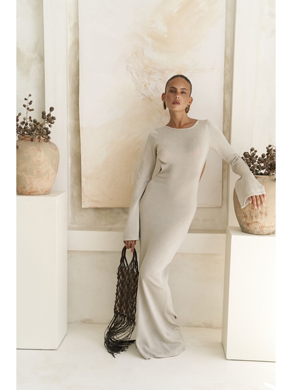 Bej Nadias Pencere Detay Taş Triko Uzun Elbise