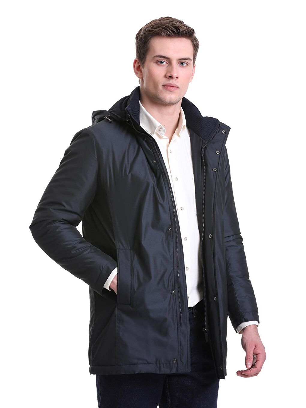 Lacivert Slim Fit Desenli Hakim Yaka Kapüşonlu Kaban-4