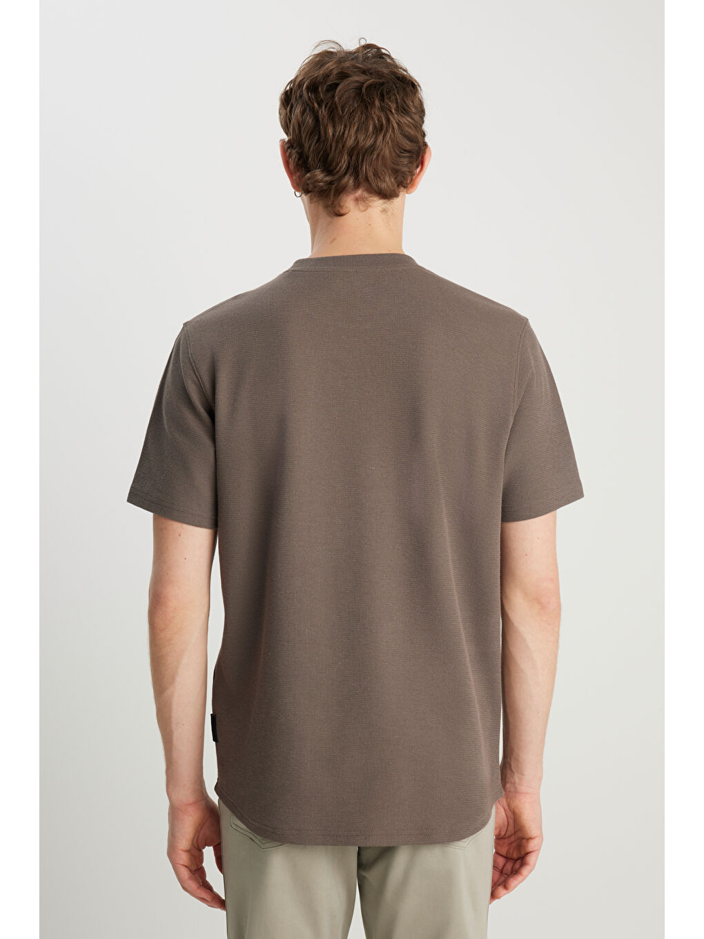 Relaxed Fit Geniş Kesim Bisiklet Yaka Dokulu Haki Tişört-4