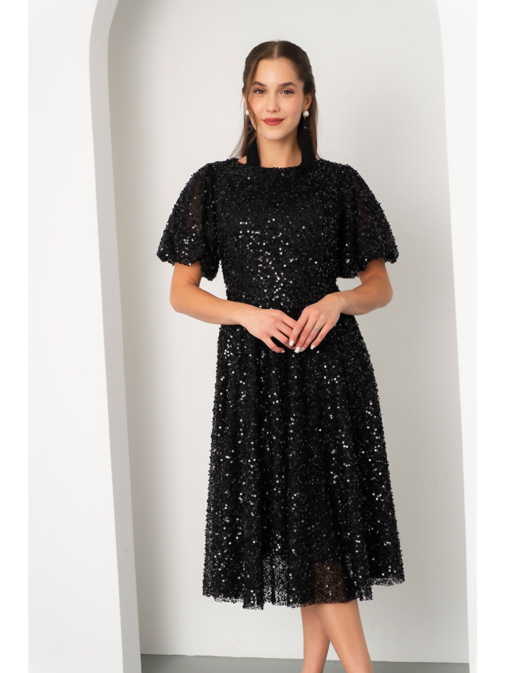 Kadın Siyah Balon Kol Pul Payet Midi Abiye Elbise-2