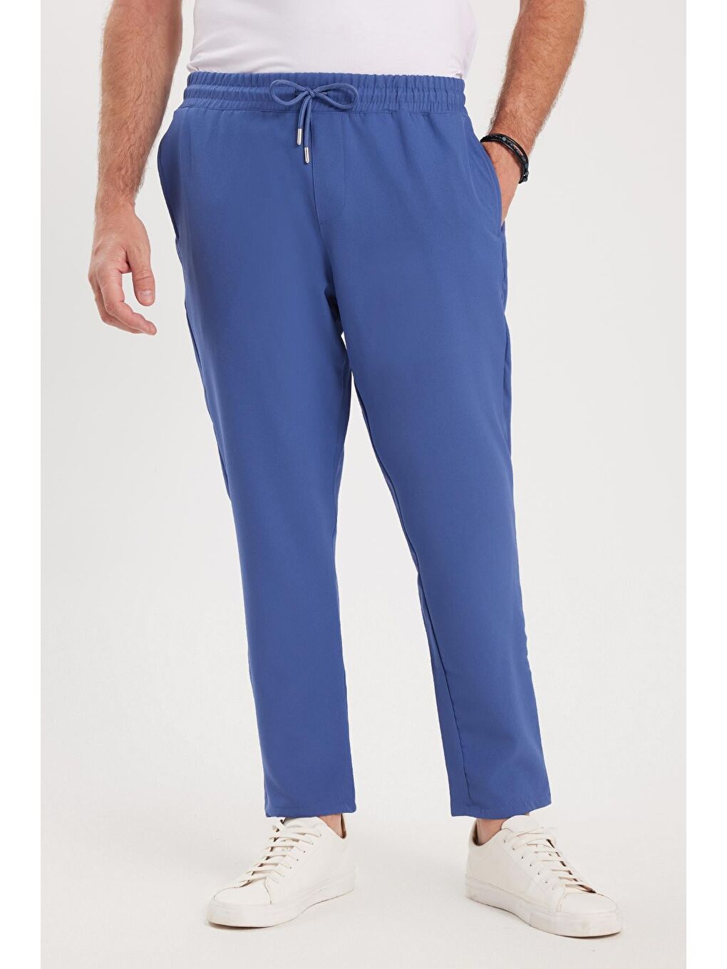 Erkek Regular Fit Beli Lastikli Bağcıklı Jogger İndigo Pantolon Rahat Kesim Yan Cepli