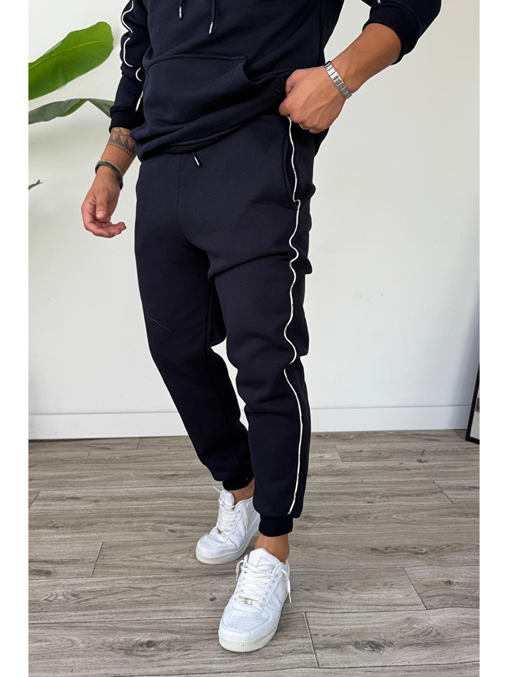 Erkek Kapüşonlu Kanguru Cepli Biyeli %100 Pamuk Alt Üst Takım Lacivert-4