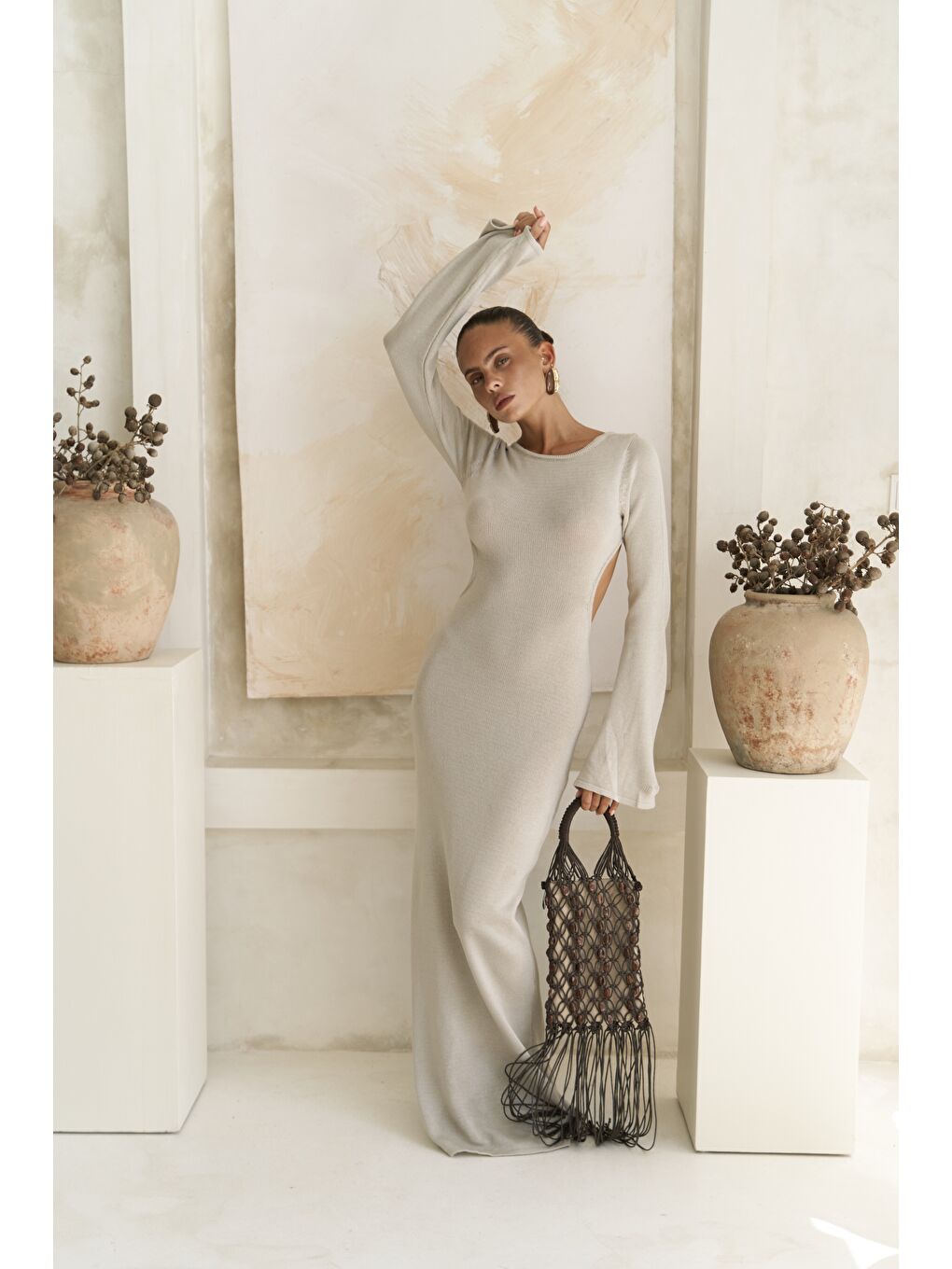 Bej Nadias Pencere Detay Taş Triko Uzun Elbise-1