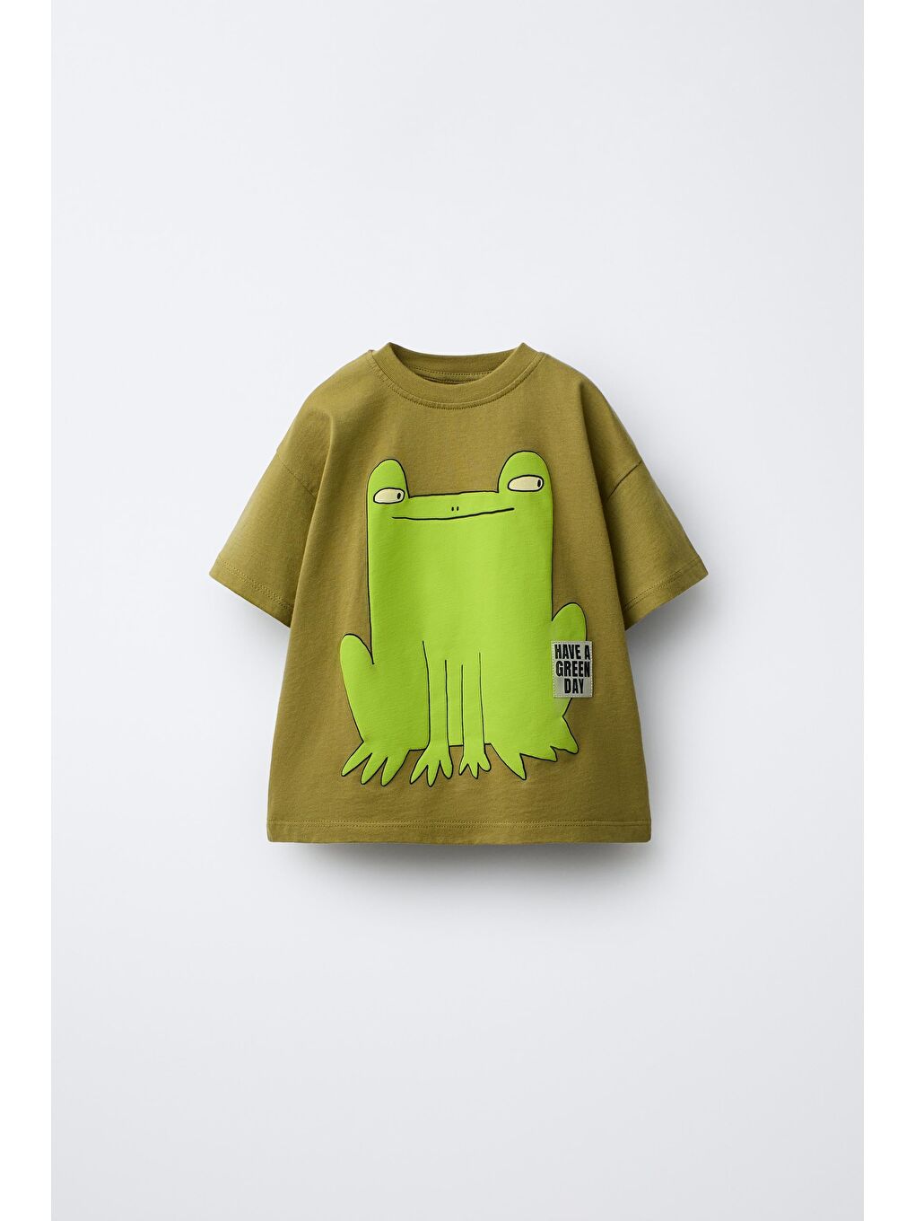 Yeşil Unisex Çocuk Pamuklu Haki Kurbağa Baskılı Tişört Şort Takım-1