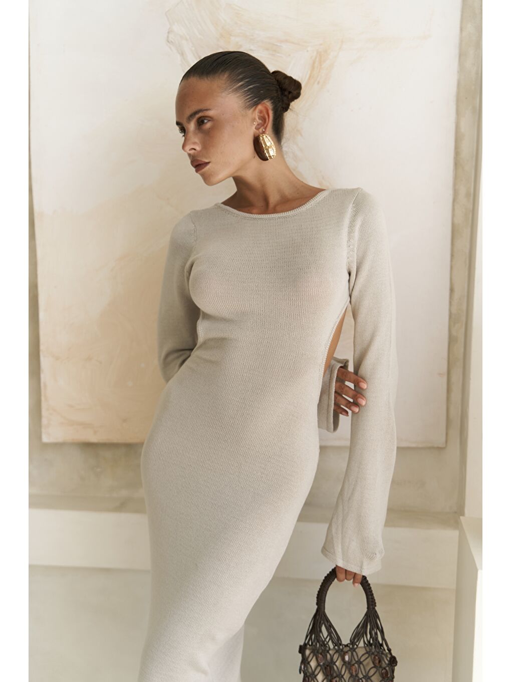 Bej Nadias Pencere Detay Taş Triko Uzun Elbise-2