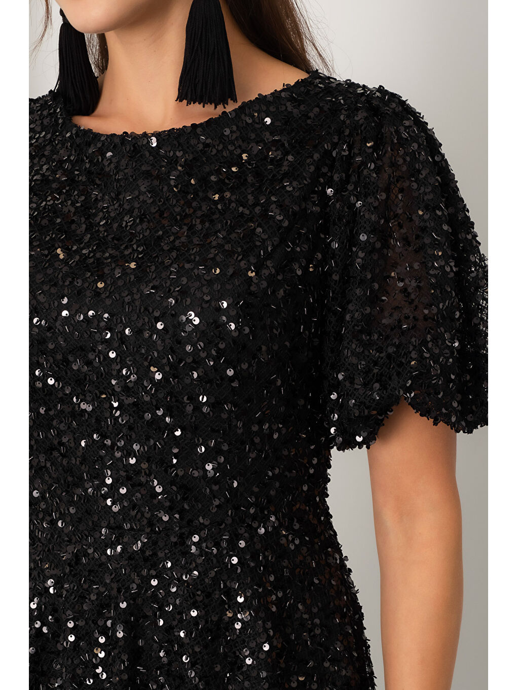 Kadın Siyah Balon Kol Pul Payet Midi Abiye Elbise-3