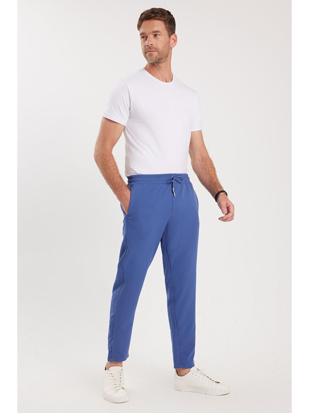 Erkek Regular Fit Beli Lastikli Bağcıklı Jogger İndigo Pantolon Rahat Kesim Yan Cepli-1